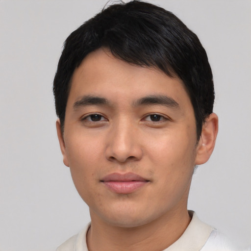 Neutral asian young-adult male with short  black hair and brown eyes