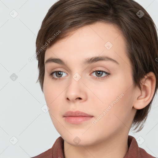 Neutral white young-adult female with medium  brown hair and brown eyes