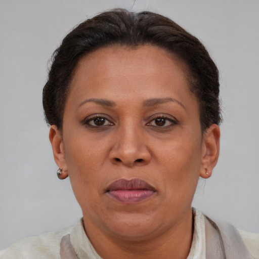 Joyful latino adult female with short  brown hair and brown eyes