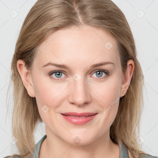 Joyful white young-adult female with medium  brown hair and blue eyes