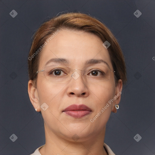 Joyful white adult female with short  brown hair and brown eyes