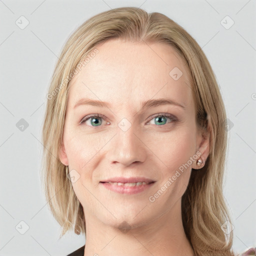 Joyful white young-adult female with medium  brown hair and blue eyes