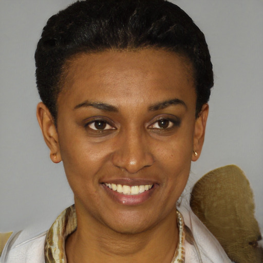 Joyful black young-adult female with short  brown hair and brown eyes
