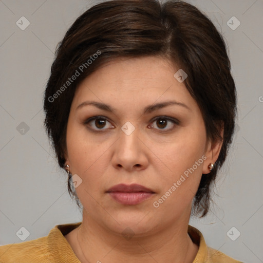 Neutral white young-adult female with medium  brown hair and brown eyes