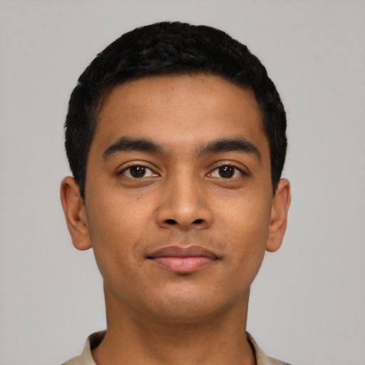 Neutral latino young-adult male with short  black hair and brown eyes