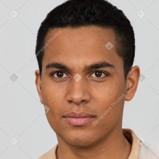 Neutral latino young-adult male with short  black hair and brown eyes