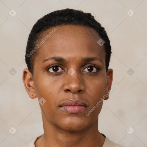 Neutral black young-adult female with short  black hair and brown eyes