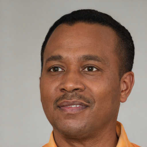 Joyful black young-adult male with short  brown hair and brown eyes