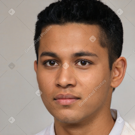 Neutral latino young-adult male with short  black hair and brown eyes