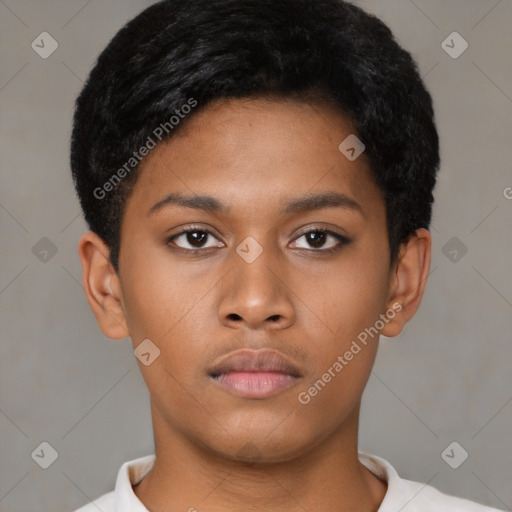 Neutral latino young-adult male with short  brown hair and brown eyes