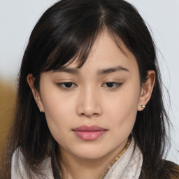 Joyful asian young-adult female with long  brown hair and brown eyes