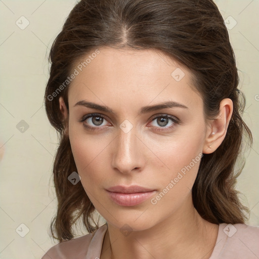 Neutral white young-adult female with medium  brown hair and brown eyes