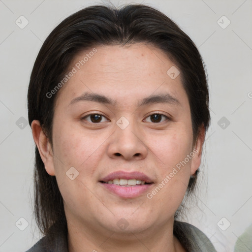 Joyful white young-adult female with medium  brown hair and brown eyes