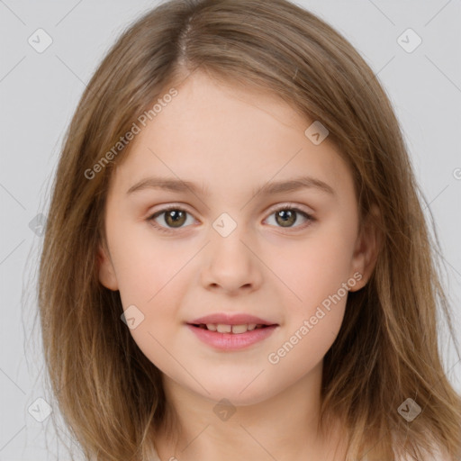 Joyful white child female with medium  brown hair and brown eyes