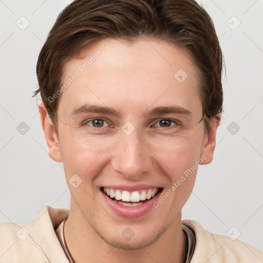 Joyful white young-adult female with short  brown hair and grey eyes