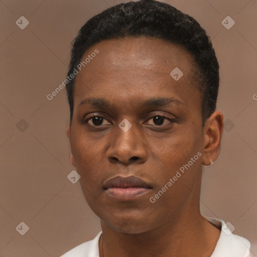 Neutral black young-adult male with short  black hair and brown eyes