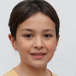 Joyful white child female with short  brown hair and brown eyes