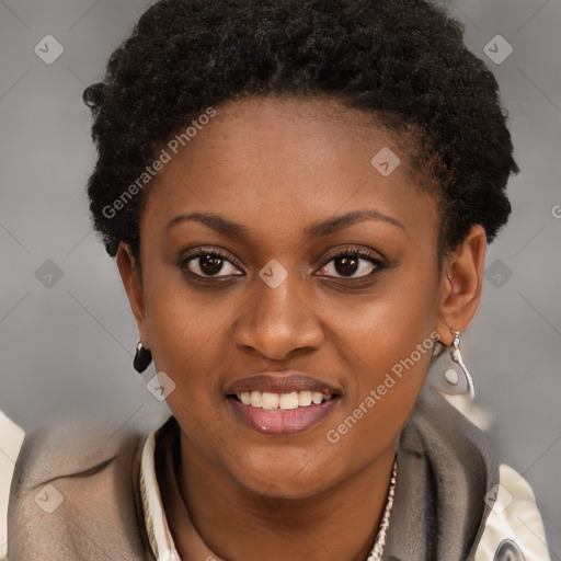 Joyful black young-adult female with short  brown hair and brown eyes