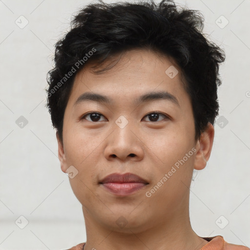 Neutral asian young-adult male with short  brown hair and brown eyes