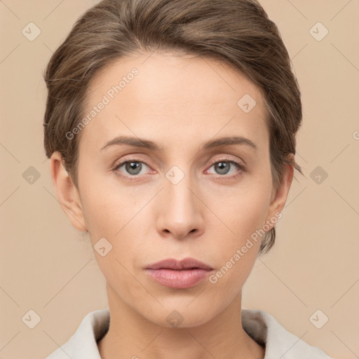 Neutral white young-adult female with short  brown hair and brown eyes