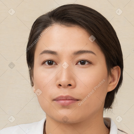 Neutral asian young-adult female with medium  brown hair and brown eyes