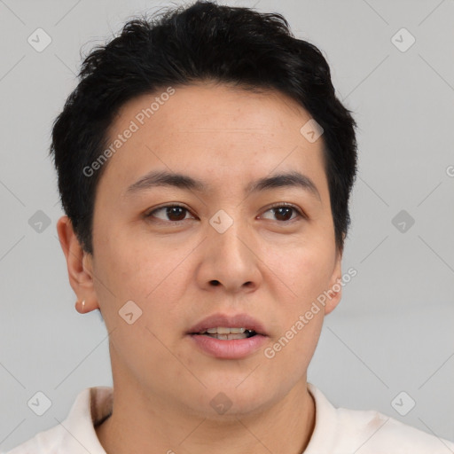 Neutral asian young-adult male with short  brown hair and brown eyes