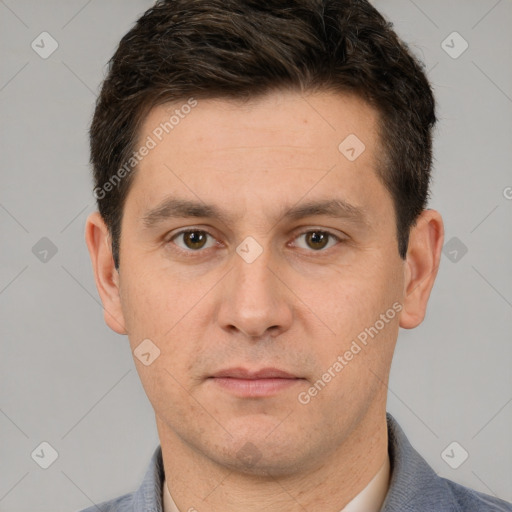 Neutral white adult male with short  brown hair and brown eyes