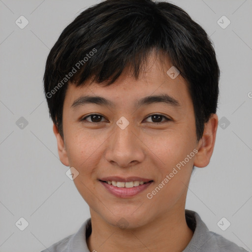 Joyful asian young-adult female with short  brown hair and brown eyes