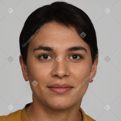 Joyful white young-adult female with short  brown hair and brown eyes