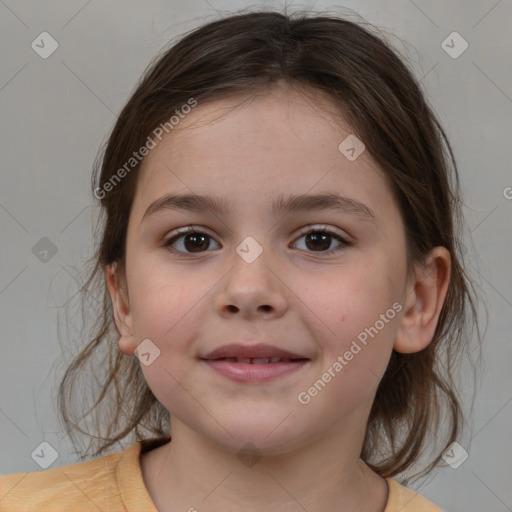 Joyful white child female with medium  brown hair and brown eyes