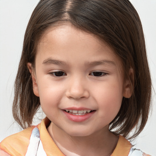 Joyful white child female with medium  brown hair and brown eyes