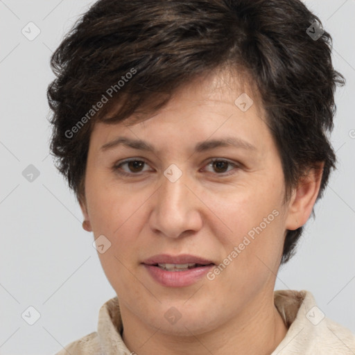 Joyful white adult female with short  brown hair and brown eyes