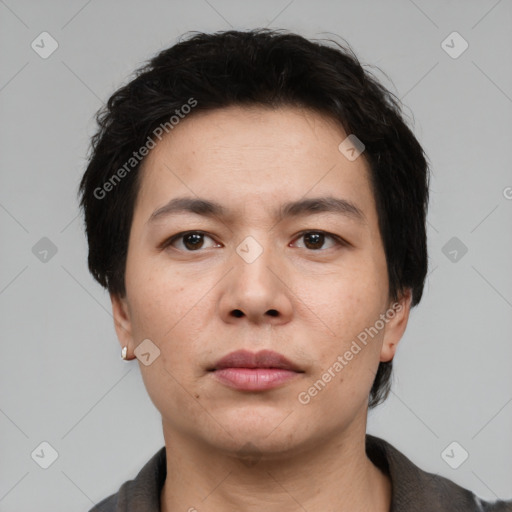 Neutral asian young-adult male with short  black hair and brown eyes