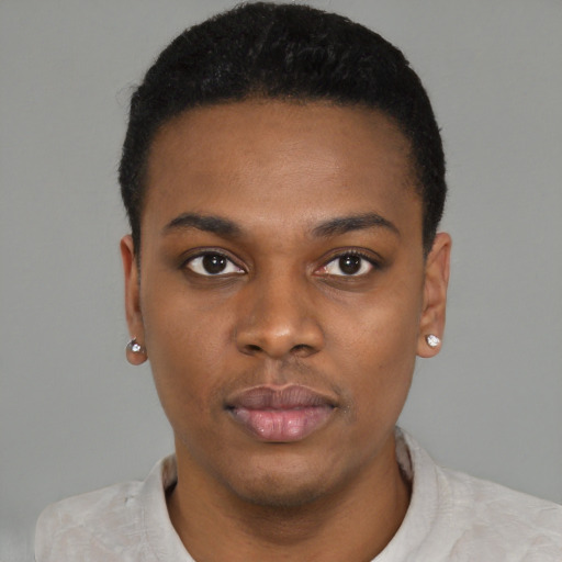 Neutral black young-adult male with short  black hair and brown eyes