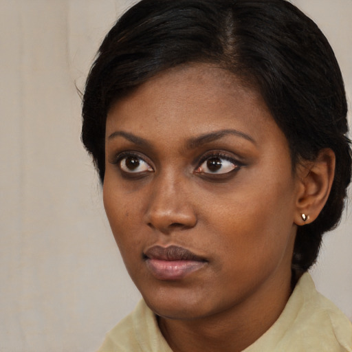 Neutral black young-adult female with medium  black hair and brown eyes