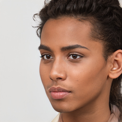 Neutral white young-adult female with short  brown hair and brown eyes