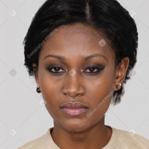 Neutral black young-adult female with short  black hair and brown eyes