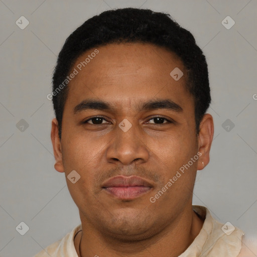 Neutral latino young-adult male with short  black hair and brown eyes