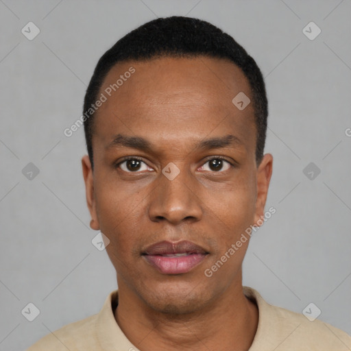 Neutral black young-adult male with short  black hair and brown eyes