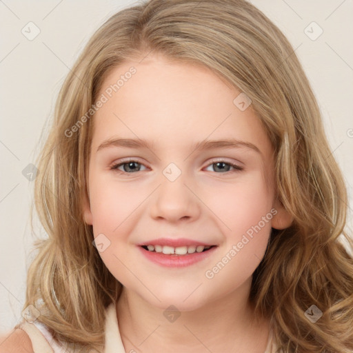 Joyful white child female with medium  brown hair and brown eyes