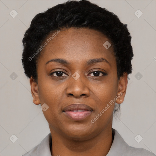 Neutral black young-adult female with short  black hair and brown eyes