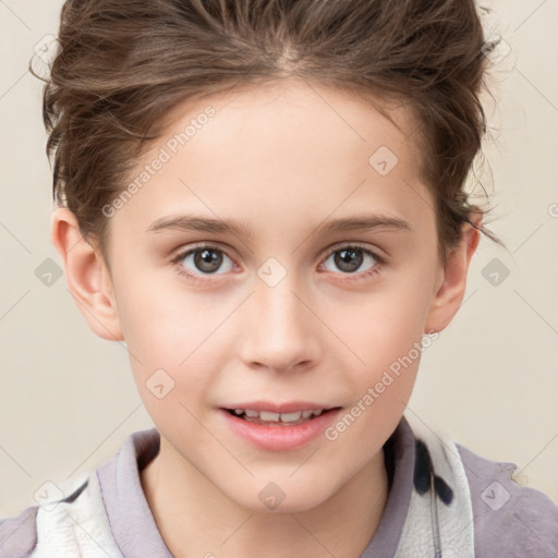 Joyful white child female with short  brown hair and brown eyes