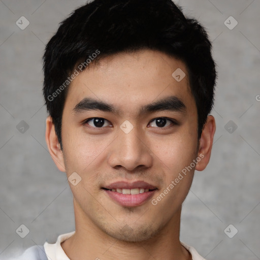 Joyful latino young-adult male with short  black hair and brown eyes