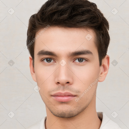 Neutral white young-adult male with short  brown hair and brown eyes