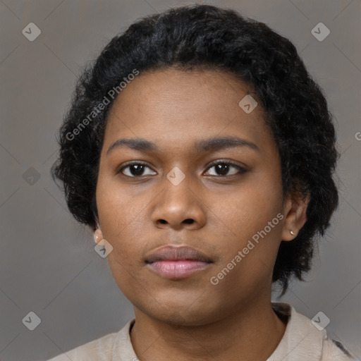 Neutral black young-adult female with short  black hair and brown eyes