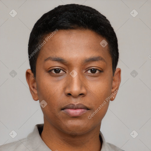 Neutral black young-adult male with short  black hair and brown eyes