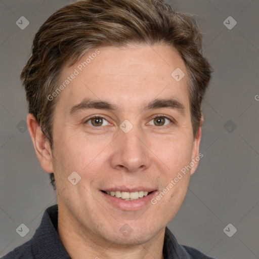 Joyful white adult male with short  brown hair and grey eyes