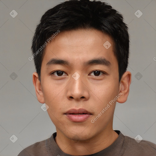 Neutral asian young-adult male with short  black hair and brown eyes