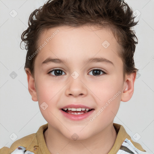 Joyful white child female with short  brown hair and brown eyes