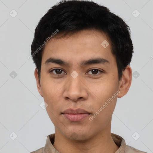 Neutral latino young-adult male with short  black hair and brown eyes